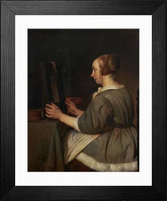 Framed Print : Woman in the mirror, c.1662. Creator: Gabriel Metsu Framed Print : Woman in the mirror, c.1662. Creator: Gabriel Metsu