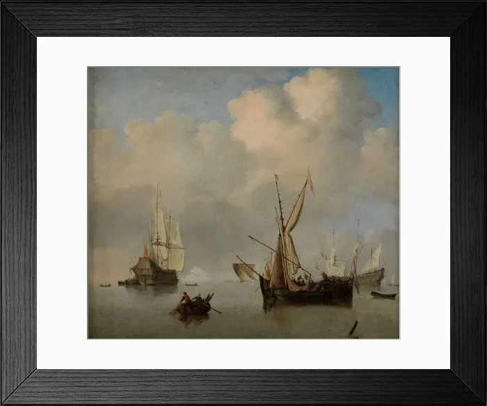 Framed Print : Calm sea: two small Dutch coasters at anchor alongside. Marine, c.1675. Creator: Willem van de Velde the Younger Framed Print : Calm sea: two small Dutch coasters at anchor alongside. Marine, c.1675. Creator: Willem van de Velde the Younger