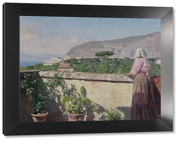 Woman on the terrace of the Cocumella hotel. View of Vesuvius, 1897. Creator: Henry Brokman