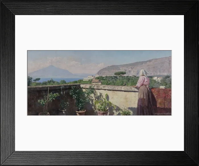 Framed Print : Woman on the terrace of the Cocumella hotel. View of Vesuvius, 1897. Creator: Henry Brokman Framed Print : Woman on the terrace of the Cocumella hotel. View of Vesuvius, 1897. Creator: Henry Brokman