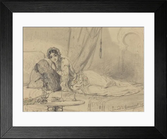 Framed Print : A Middle Eastern Woman Reclining in an Exotic Setting, 1844. Creator: Edouard de Beaumont Framed Print : A Middle Eastern Woman Reclining in an Exotic Setting, 1844. Creator: Edouard de Beaumont