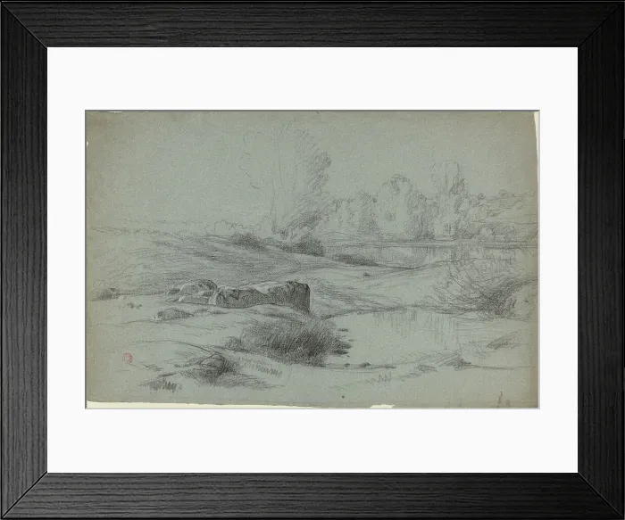 Framed Print : A Rocky Meadow by a River, c. 1840. Creator: Jean Achille Benouville Framed Print : A Rocky Meadow by a River, c. 1840. Creator: Jean Achille Benouville
