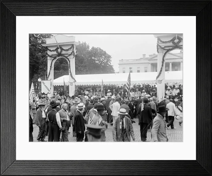 Framed Print : Confederate Reunion - President And Mrs. Wilson; Marshall, Etc. Reviewing Parade From Stand... 1917 Creator: Harris & Ewing. Confederate Reunion - President And Mrs. Wilson; Marshall, Etc