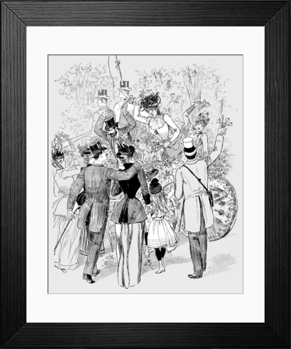 Framed Print : The Paris Season - drawn by Mars; The Battle of Flowers in the Avenue Des Acacias, 1891. Creator: Mars Framed Print : The Paris Season - drawn by Mars; The Battle of Flowers in the Avenue Des Acacias, 1891. Creator: Mars