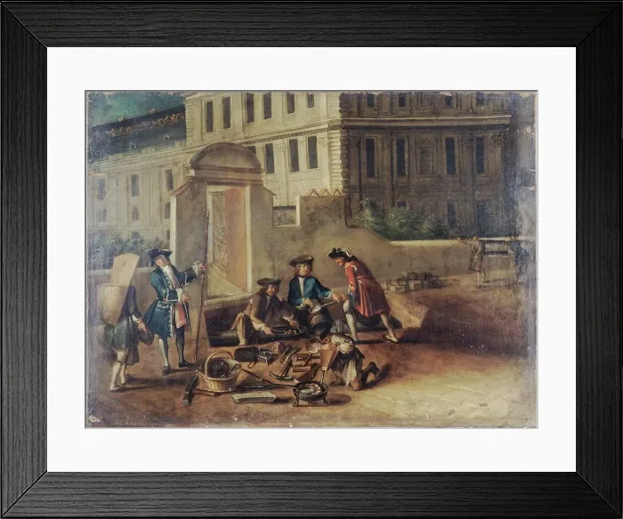 Framed Print : Plumbers and guards at the gate of Tuileries, around 1730. Creator: Unknown Framed Print : Plumbers and guards at the gate of Tuileries, around 1730. Creator: Unknown