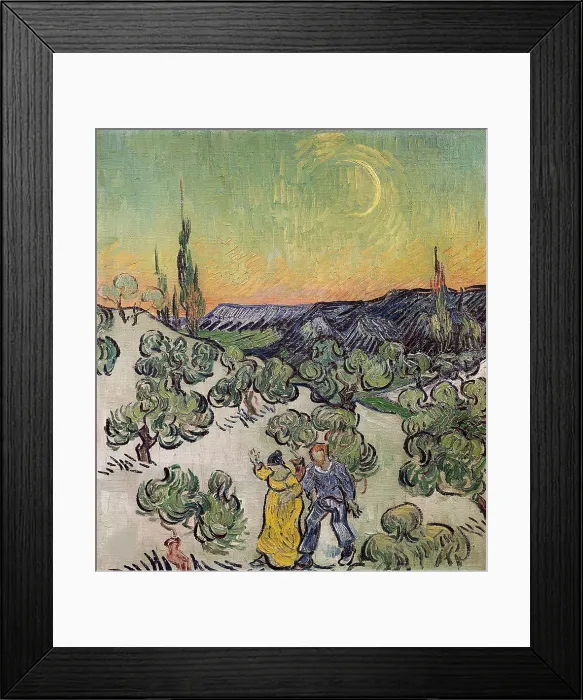 Framed Print : Landscape with Couple Walking and Crescent Moon, 1890. Creator: Gogh, Vincent, van (1853-1890) Framed Print : Landscape with Couple Walking and Crescent Moon, 1890. Creator: Gogh, Vincent, van (1853-1890)