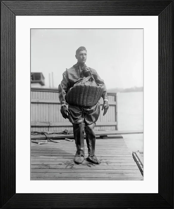 Framed Print : T. Aud in Life Saving Suit, 1916. Creator: Harris & Ewing. T. Aud in Life Saving Suit, 1916. Creator: Harris & Ewing Framed Print : T. Aud in Life Saving Suit, 1916. Creator: Harris & Ewing. T. Aud in Life Saving Suit, 1916. Creator: Harris & Ewing