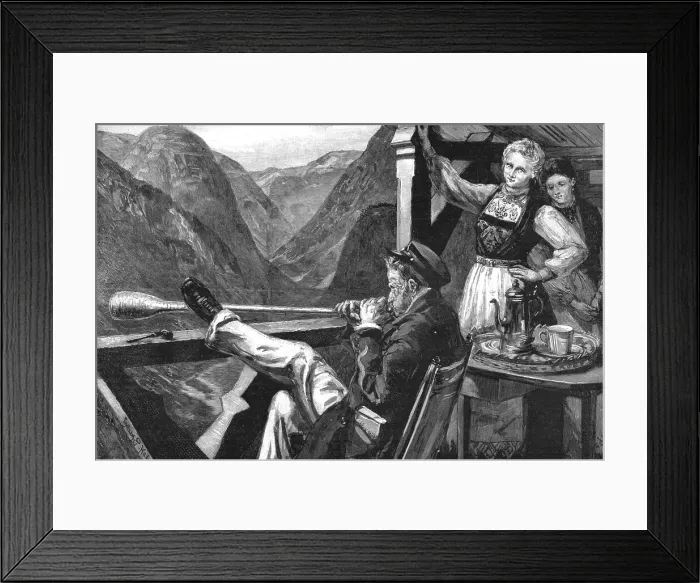 Framed Print : Blowing the Horn at the Hotel on the Stalheimsklev, Norway, 1891. Creator: Sydney Prior Hall Framed Print : Blowing the Horn at the Hotel on the Stalheimsklev, Norway, 1891. Creator: Sydney Prior Hall