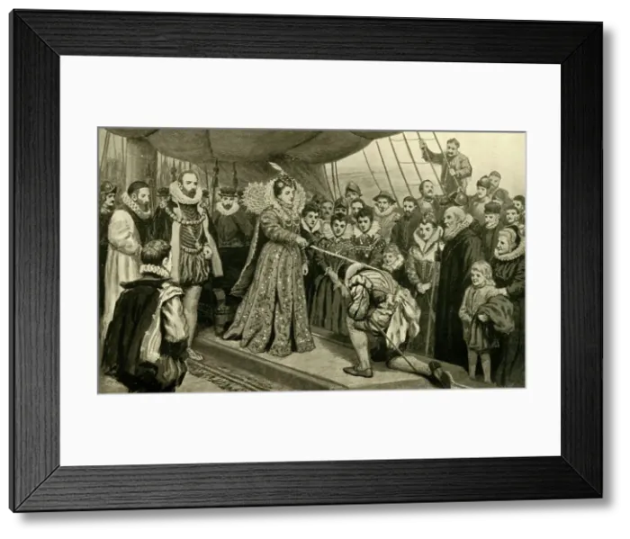 Framed Print : Queen Elizabeth Knighting Sir Francis Drake, (1902). Creator: Unknown Framed Print : Queen Elizabeth Knighting Sir Francis Drake, (1902). Creator: Unknown
