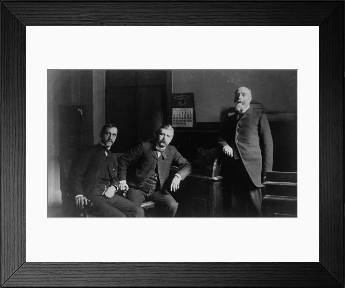 Framed Print : Three Treasury Department employees, Mr. Steele(?) and two other men... between 1884 and 1930. Creator: Frances Benjamin Johnston Framed Print : Three Treasury Department employees, Mr. Steele(?) and two other men... between 1884 and 1930. Creator: Frances Benjamin Johnston