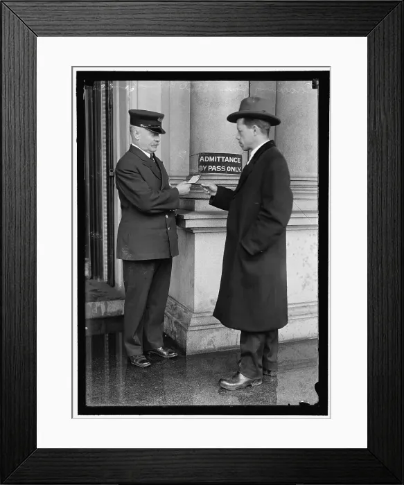 Framed Print : Examining pass at State Department Building, between 1913 and 1918. Creator: Harris & Ewing. Examining pass at State Department Building, between 1913 and 1918. Creator: Harris & Ewing Framed Print : Examining pass at State Department Building, between 1913 and 1918. Creator: Harris & Ewing. Examining pass at State Department Building, between 1913 and 1918. Creator: Harris & Ewing