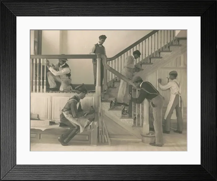 Framed Print : Students at work on a house built largely by them, 1899 or 1900. Creator: Frances Benjamin Johnston Framed Print : Students at work on a house built largely by them, 1899 or 1900. Creator: Frances Benjamin Johnston