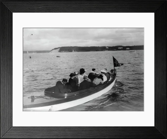 Framed Print : Group of well-dressed men and women in motorboat, Oyster Bay, Long Island, N.Y. 1905. Creator: Frances Benjamin Johnston Framed Print : Group of well-dressed men and women in motorboat, Oyster Bay, Long Island, N.Y. 1905. Creator: Frances Benjamin Johnston