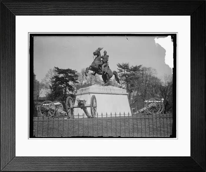 Framed Print : Jackson, Andrew - statue In Lafayette Square, between 1914 and 1918. Creator: Harris & Ewing. Jackson, Andrew - statue In Lafayette Square, between 1914 and 1918. Creator: Harris & Ewing