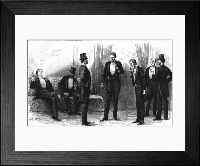 Framed Print : A Peep into the Smoking- Room at the Theatre, 1890. Creator: Unknown Framed Print : A Peep into the Smoking- Room at the Theatre, 1890. Creator: Unknown