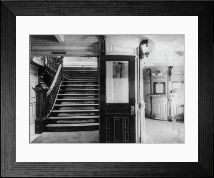 Framed Print : Interior view of steamboat showing stairway and pursers office, c1900. Creator: Frances Benjamin Johnston Framed Print : Interior view of steamboat showing stairway and pursers office, c1900. Creator: Frances Benjamin Johnston