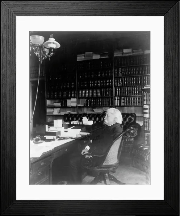 Framed Print : Melville Weston Fuller, full-length portrait, seated at desk, facing left, c1899. Creator: Frances Benjamin Johnston Framed Print : Melville Weston Fuller, full-length portrait, seated at desk, facing left, c1899. Creator: Frances Benjamin Johnston