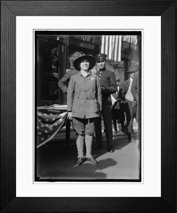 Framed Print : Dora Rodrigues, recruiter for service branches, possibly in front of the Cosmos Theater... May 1917 Creator: Harris & Ewing. Dora Rodrigues, recruiter for service branches, possibly in front of the Cosmos Theater Framed Print : Dora Rodrigues, recruiter for service branches, possibly in front of the Cosmos Theater... May 1917 Creator: Harris & Ewing. Dora Rodrigues, recruiter for service branches, possibly in front of the Cosmos Theater