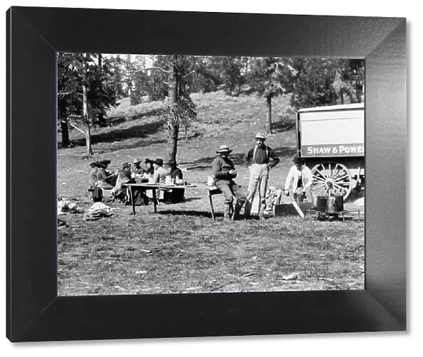 Tourists and guides picnicking in Yellowstone Park, 1903. Creator: Frances Benjamin Johnston