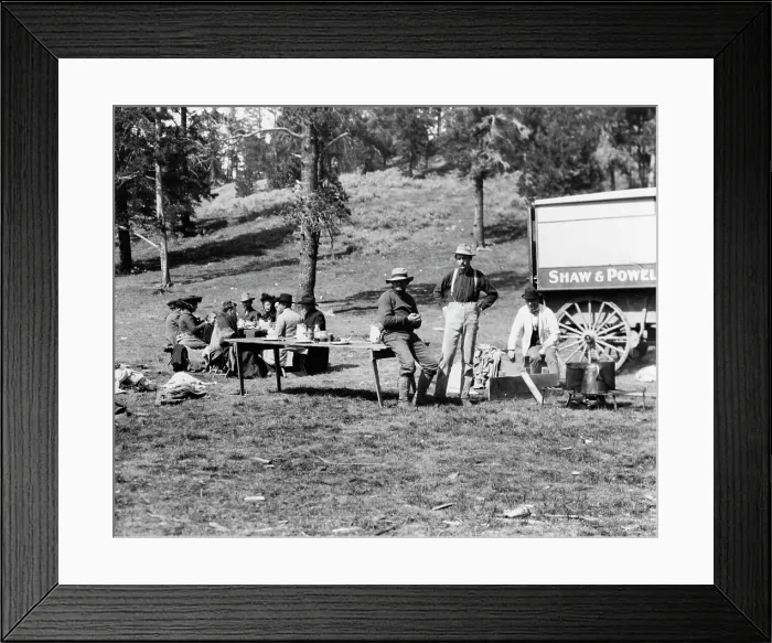 Framed Print : Tourists and guides picnicking in Yellowstone Park, 1903. Creator: Frances Benjamin Johnston Framed Print : Tourists and guides picnicking in Yellowstone Park, 1903. Creator: Frances Benjamin Johnston