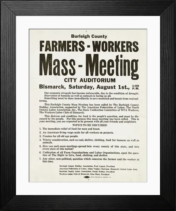 Framed Print : Mass meeting poster. Burleigh County, North Dakota, 1937-08. Creator: Russell Lee Framed Print : Mass meeting poster. Burleigh County, North Dakota, 1937-08. Creator: Russell Lee