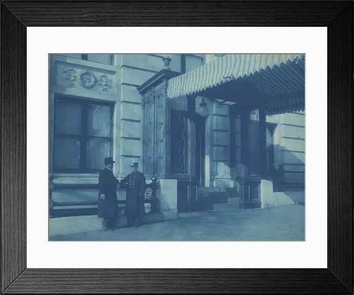 Framed Print : Two men, one a doorman, standing at the F. Street entrance to the Willard... between 1901 and 1910. Creator: Frances Benjamin Johnston Framed Print : Two men, one a doorman, standing at the F. Street entrance to the Willard... between 1901 and 1910. Creator: Frances Benjamin Johnston