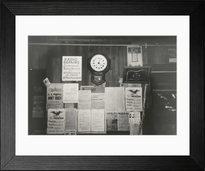 Framed Print : Posters and decorations in combined general store and post office, Olga, Louisiana, 1938-09. Creator: Russell Lee Framed Print : Posters and decorations in combined general store and post office, Olga, Louisiana, 1938-09. Creator: Russell Lee