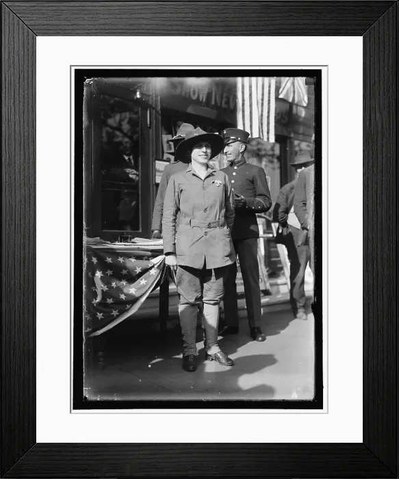 Framed Print : Dora Rodrigues, recruiter for service branches, possibly in front of the Cosmos Theater... May 1917 Creator: Harris & Ewing. Dora Rodrigues, recruiter for service branches, possibly in front of the Cosmos Theater Framed Print : Dora Rodrigues, recruiter for service branches, possibly in front of the Cosmos Theater... May 1917 Creator: Harris & Ewing. Dora Rodrigues, recruiter for service branches, possibly in front of the Cosmos Theater