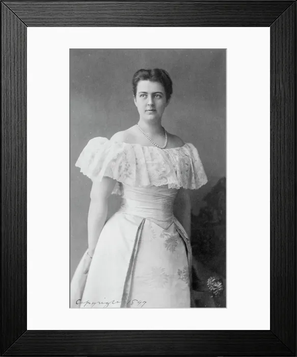 Framed Print : Mrs. Frances Folsom Cleveland, three-quarter-length portrait, standing, facing left, c1897. Creator: Frances Benjamin Johnston Framed Print : Mrs. Frances Folsom Cleveland, three-quarter-length portrait, standing, facing left, c1897. Creator: Frances Benjamin Johnston