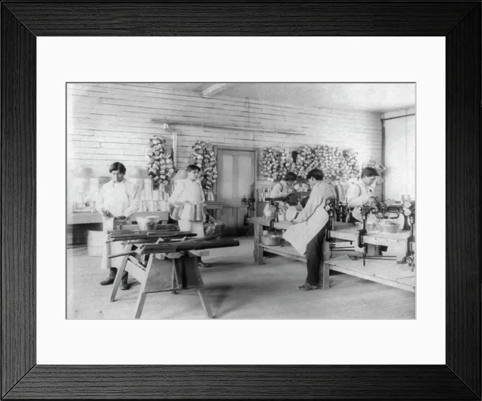 Framed Print : Five boys making tin utensils, Carlisle Indian School, Carlisle, Pennsylvania, 1901. Creator: Frances Benjamin Johnston Framed Print : Five boys making tin utensils, Carlisle Indian School, Carlisle, Pennsylvania, 1901. Creator: Frances Benjamin Johnston