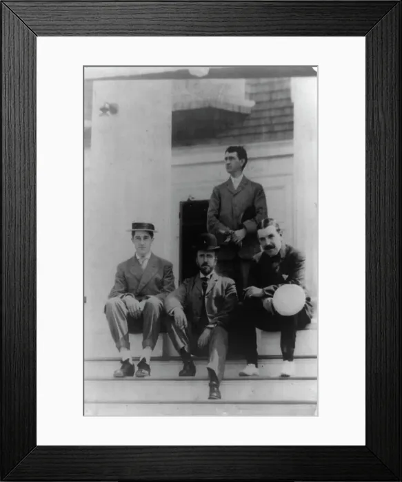 Framed Print : Four men, friends of Frances Benjamin Johnston, posed on porch, between 1900? and 1930. Creator: Frances Benjamin Johnston Framed Print : Four men, friends of Frances Benjamin Johnston, posed on porch, between 1900? and 1930. Creator: Frances Benjamin Johnston