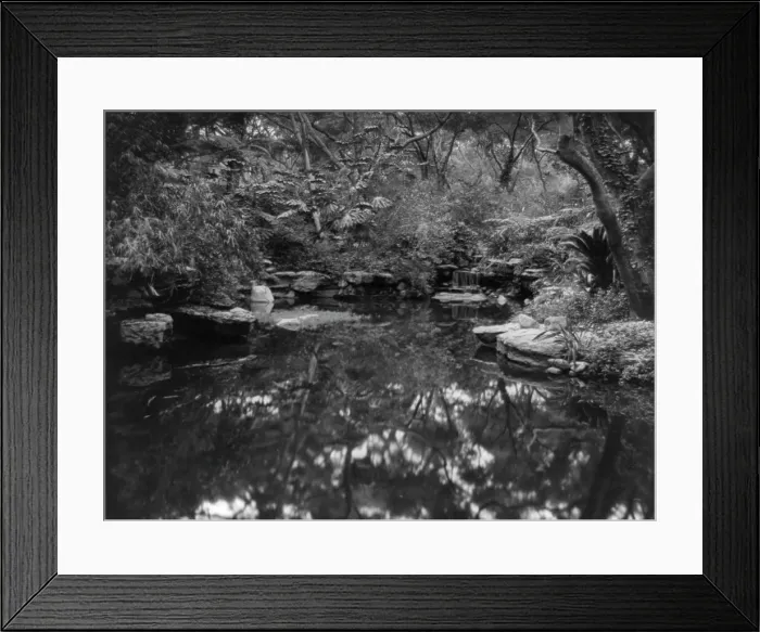 Framed Print : John L. Severance House, Pasadena, California. Waterfall and pond, 1923. Creator: Frances Benjamin Johnston Framed Print : John L. Severance House, Pasadena, California. Waterfall and pond, 1923. Creator: Frances Benjamin Johnston