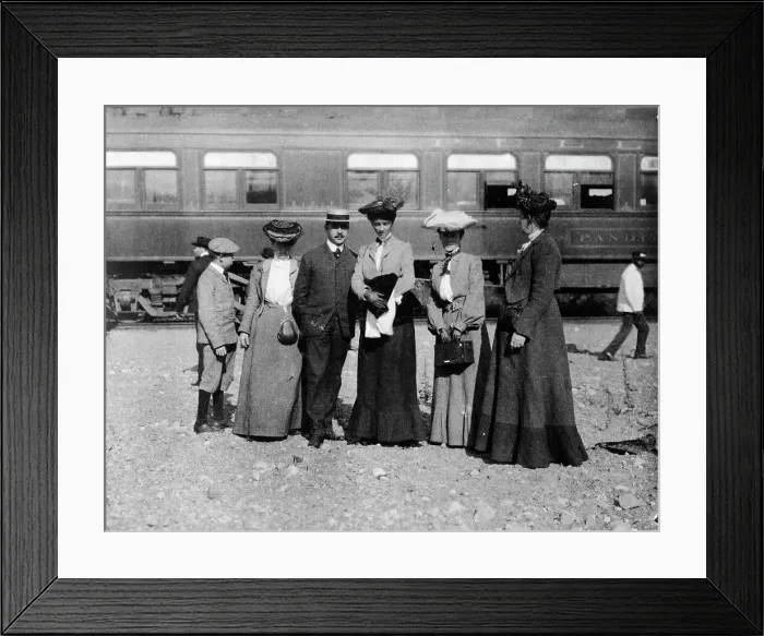Framed Print : Group of people posed with railroad car behind them, Denver, Colorado, (1903?). Creator: Frances Benjamin Johnston Framed Print : Group of people posed with railroad car behind them, Denver, Colorado, (1903?). Creator: Frances Benjamin Johnston
