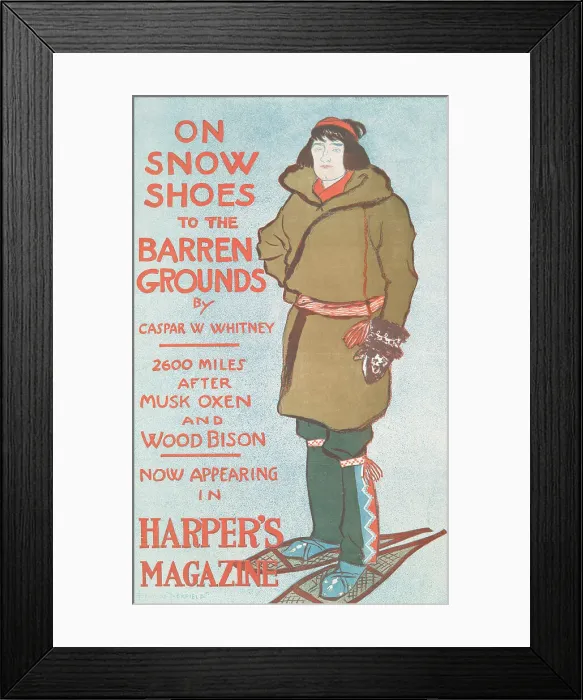Framed Print : On Snow Shoes to The Barren Grounds by Casper W. Whitney, 2600 Miles After Musk Oxen... c1896. Creator: Edward Penfield Framed Print : On Snow Shoes to The Barren Grounds by Casper W. Whitney, 2600 Miles After Musk Oxen... c1896. Creator: Edward Penfield