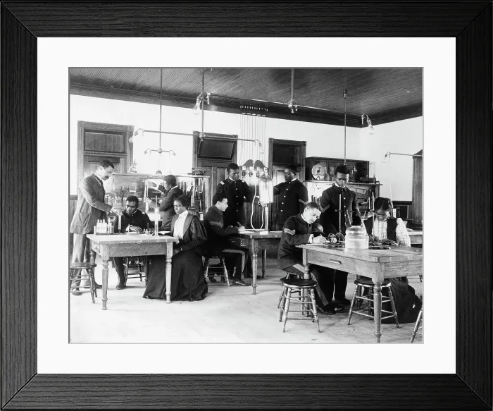 Framed Print : Class in capillary physics at Hampton Institute, Hampton, Virginia, 1899 and 1900. Creator: Frances Benjamin Johnston Framed Print : Class in capillary physics at Hampton Institute, Hampton, Virginia, 1899 and 1900. Creator: Frances Benjamin Johnston