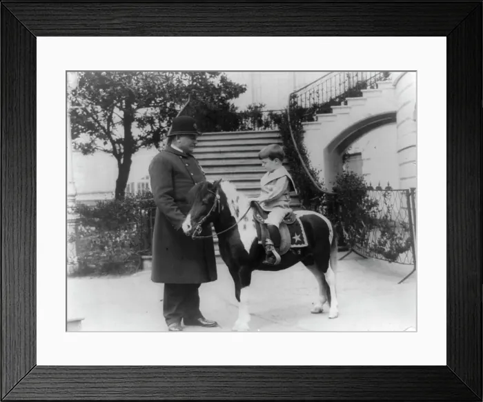Framed Print : Quentin Roosevelt on pony beside White House policeman, 1905. Creator: Frances Benjamin Johnston Framed Print : Quentin Roosevelt on pony beside White House policeman, 1905. Creator: Frances Benjamin Johnston
