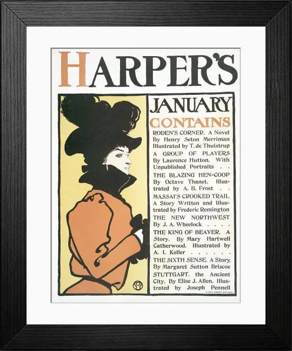 Framed Print : Harper's January. Contains Rodens Corner A Novel By Henry Seton Merriman... c1898. Creator: Edward Penfield Framed Print : Harper's January. Contains Rodens Corner A Novel By Henry Seton Merriman... c1898. Creator: Edward Penfield