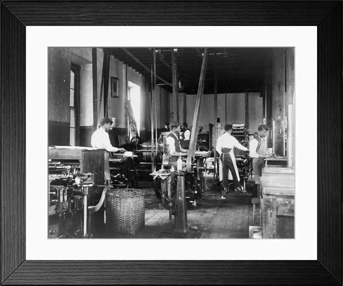 Framed Print : Pressmen at work in printing shop, Hampton Institute, Hampton, Virginia, 1899 or1900. Creator: Frances Benjamin Johnston Framed Print : Pressmen at work in printing shop, Hampton Institute, Hampton, Virginia, 1899 or1900. Creator: Frances Benjamin Johnston
