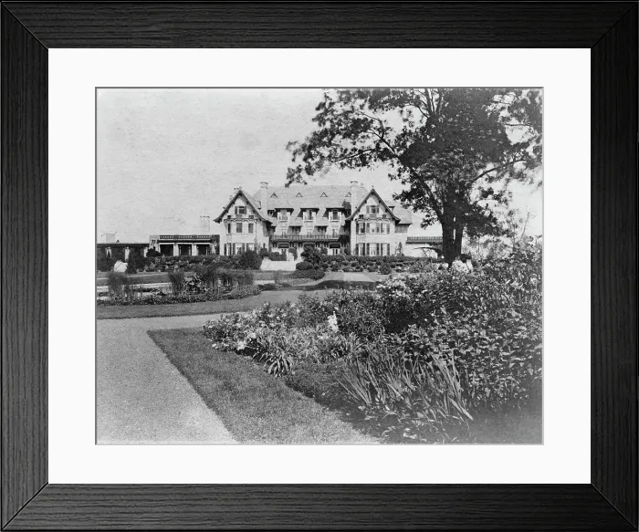 Framed Print : Facade of home of Edmund Cogswell Converse, with flowers in foreground, Greenwich, Connecticut, 1908 Creator: Frances Benjamin Johnston Framed Print : Facade of home of Edmund Cogswell Converse, with flowers in foreground, Greenwich, Connecticut, 1908 Creator: Frances Benjamin Johnston