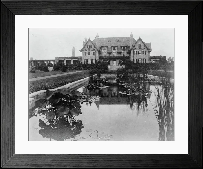 Framed Print : Facade of home of Edmund Cogswell Converse, with lily pond in... Greenwich, Connecticut, 1908. Creator: Frances Benjamin Johnston Framed Print : Facade of home of Edmund Cogswell Converse, with lily pond in... Greenwich, Connecticut, 1908. Creator: Frances Benjamin Johnston