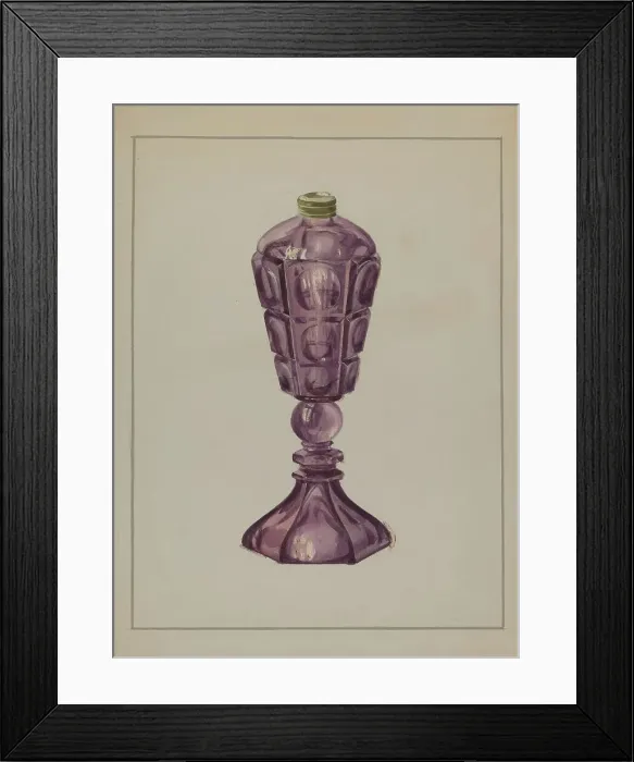 Framed Print : Amethyst Glass Oil Lamp, c. 1936. Creator: Marcus Moran Framed Print : Amethyst Glass Oil Lamp, c. 1936. Creator: Marcus Moran