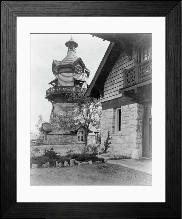 Framed Print : Windmill-shaped clock tower at left, and part of garage of Edmund... Greenwich, Connecticut, 1908. Creator: Frances Benjamin Johnston Framed Print : Windmill-shaped clock tower at left, and part of garage of Edmund... Greenwich, Connecticut, 1908. Creator: Frances Benjamin Johnston