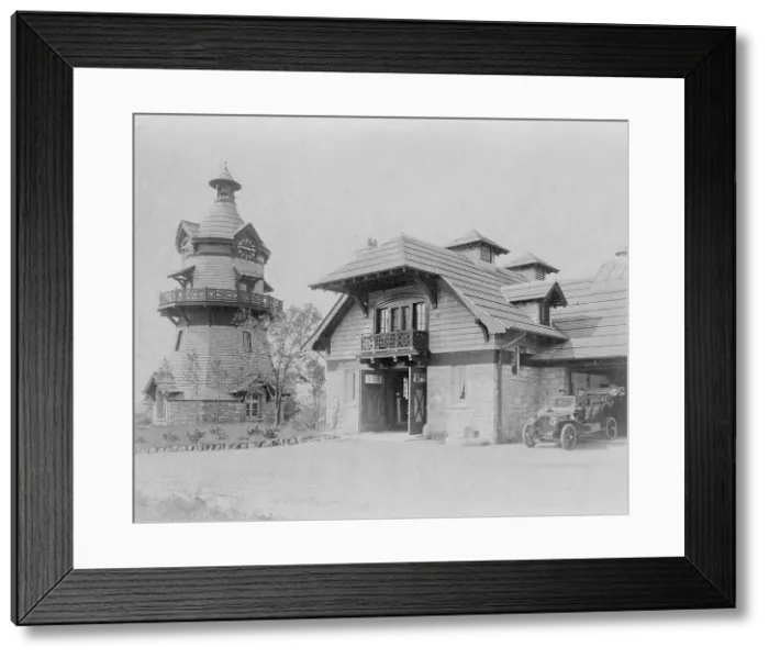 Framed Print : Windmill-shaped clock tower at left, and part of garage of Edmund... Greenwich, Connecticut, 1908. Creator: Frances Benjamin Johnston Framed Print : Windmill-shaped clock tower at left, and part of garage of Edmund... Greenwich, Connecticut, 1908. Creator: Frances Benjamin Johnston