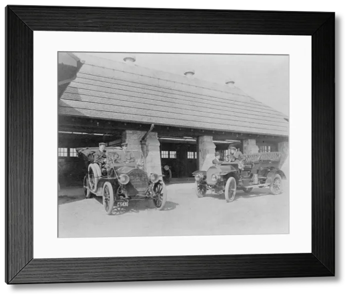 Framed Print : Four men with two automobiles outside of garage of Edmund Cogswell... Greenwich, Connecticut, 1908. Creator: Frances Benjamin Johnston Framed Print : Four men with two automobiles outside of garage of Edmund Cogswell... Greenwich, Connecticut, 1908. Creator: Frances Benjamin Johnston