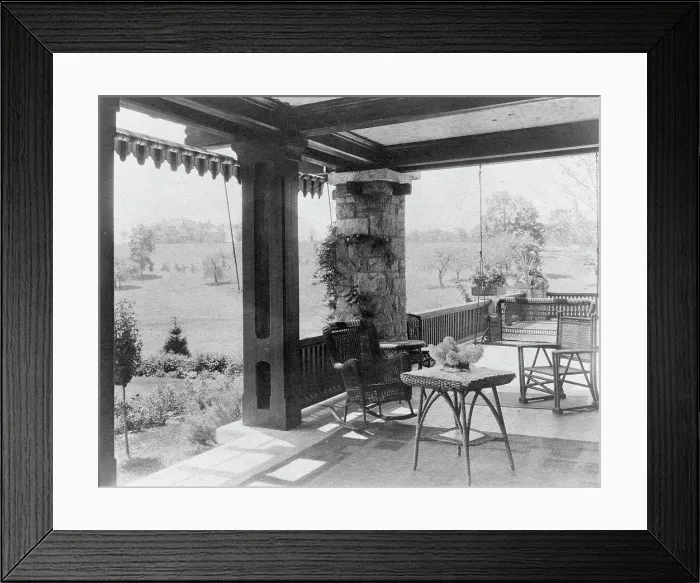 Framed Print : Porch with wicker furniture, and view over lawn to home of Edmund... Greenwich, Connecticut, 1908. Creator: Frances Benjamin Johnston Framed Print : Porch with wicker furniture, and view over lawn to home of Edmund... Greenwich, Connecticut, 1908. Creator: Frances Benjamin Johnston