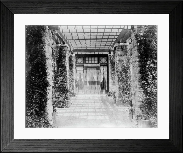 Framed Print : View of pergola, toward door, to home of Edmund Cogswell Converse, Greenwich, Connecticut, 1908. Creator: Frances Benjamin Johnston Framed Print : View of pergola, toward door, to home of Edmund Cogswell Converse, Greenwich, Connecticut, 1908. Creator: Frances Benjamin Johnston