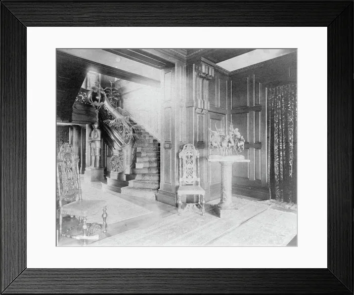 Framed Print : Hall and stairway, with suit of armor at left, and statue of cow... Greenwich, Connecticut, 1908. Creator: Frances Benjamin Johnston Framed Print : Hall and stairway, with suit of armor at left, and statue of cow... Greenwich, Connecticut, 1908. Creator: Frances Benjamin Johnston