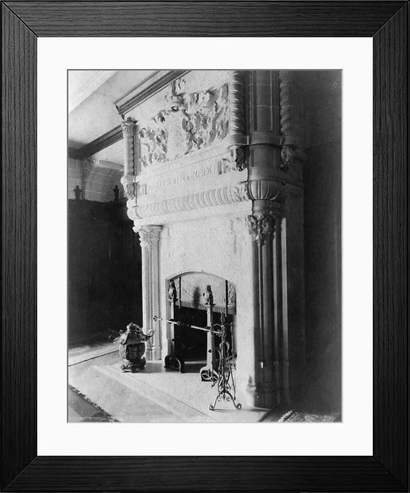 Framed Print : Fireplace, with words In Deo solo confido, in home of Edmund... Greenwich, Connecticut, 1908. Creator: Frances Benjamin Johnston. Fireplace, with words In Deo solo confido, in home of Edmund... Greenwich, Connecticut, 1908 Framed Print : Fireplace, with words In Deo solo confido, in home of Edmund... Greenwich, Connecticut, 1908. Creator: Frances Benjamin Johnston. Fireplace, with words In Deo solo confido, in home of Edmund... Greenwich, Connecticut, 1908