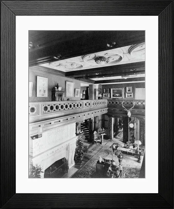 Framed Print : Room with balcony, paintings, fireplace, grandfather clock, and elk... Greenwich, Connecticut, 1908 Creator: Frances Benjamin Johnston Framed Print : Room with balcony, paintings, fireplace, grandfather clock, and elk... Greenwich, Connecticut, 1908 Creator: Frances Benjamin Johnston