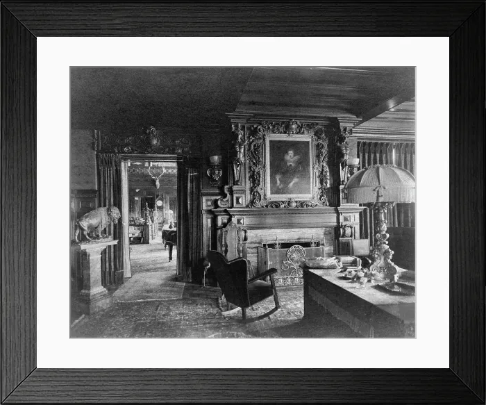 Framed Print : Study with portrait of woman in Elizabethan dress, over fireplace... Greenwich, Connecticut, 1908. Creator: Frances Benjamin Johnston Framed Print : Study with portrait of woman in Elizabethan dress, over fireplace... Greenwich, Connecticut, 1908. Creator: Frances Benjamin Johnston
